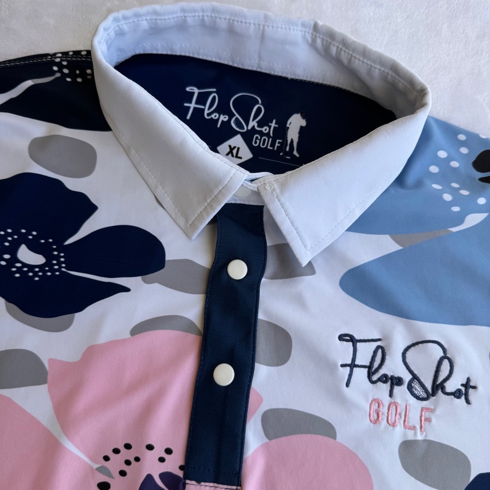 Flop Shot Golf Mens XL Performance Polo Shirt Floral Print Navy‎ Pink Blue White